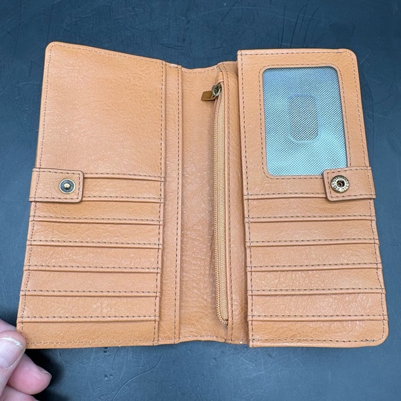 FOSSIL Camel Leather Wallet Liza Slim Bifold Weave Design 7x4 Unused Interior - Picture 4 of 8